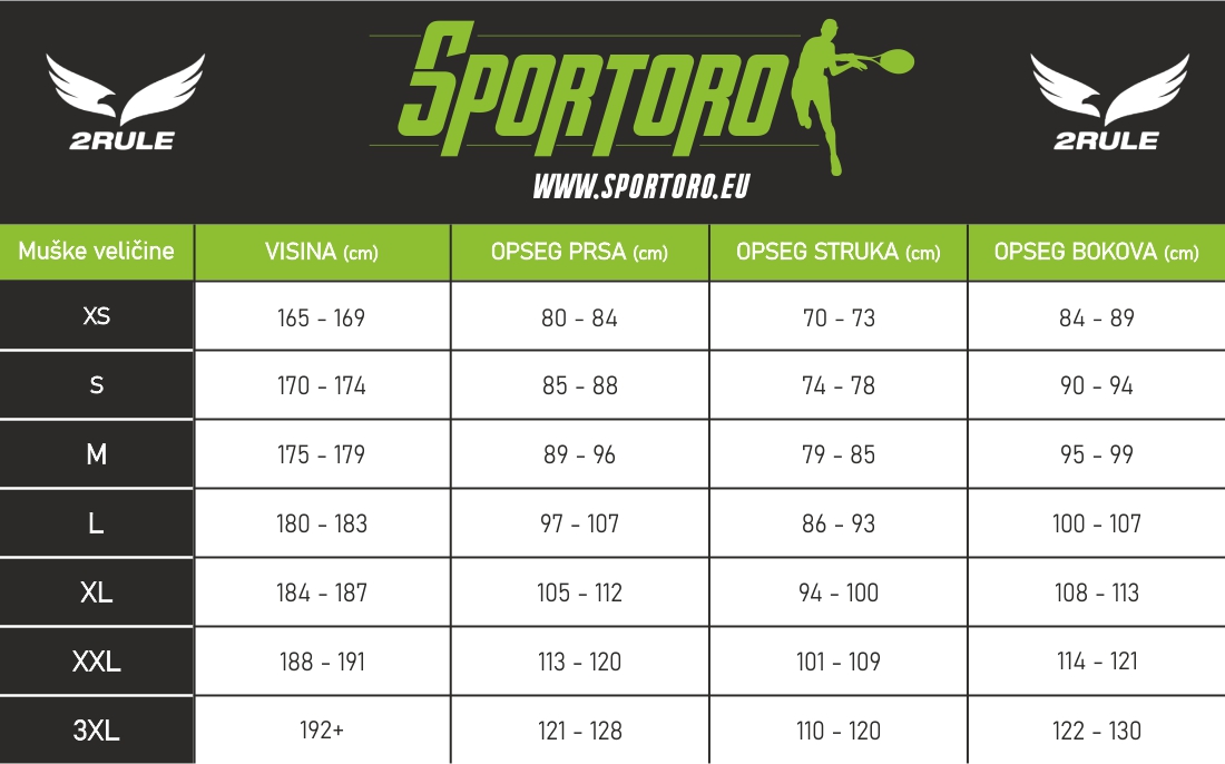 Sportoro tablice veličina muške odjeće 2rule